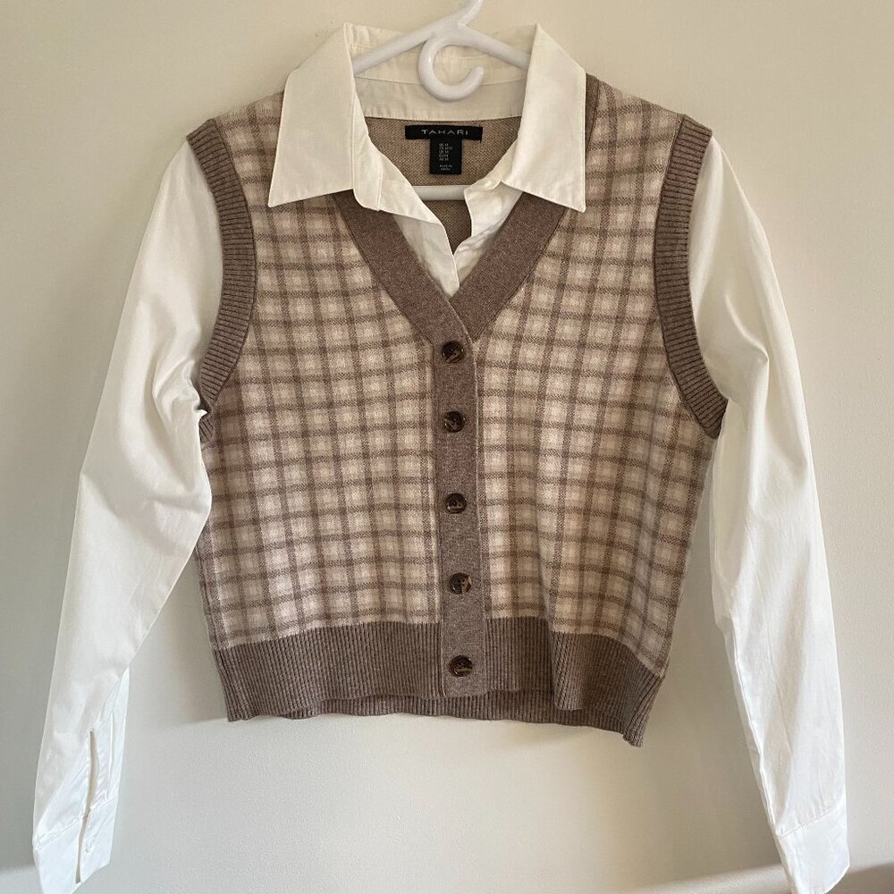 Tahari Beige White Plaid Sweater Vest Long Sleeve Top M​​